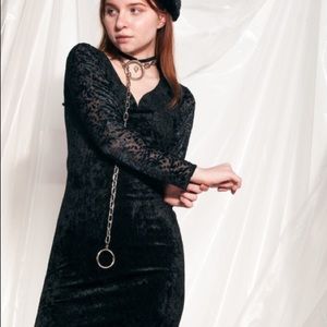 Black Velvet and Lace V Neck Dress